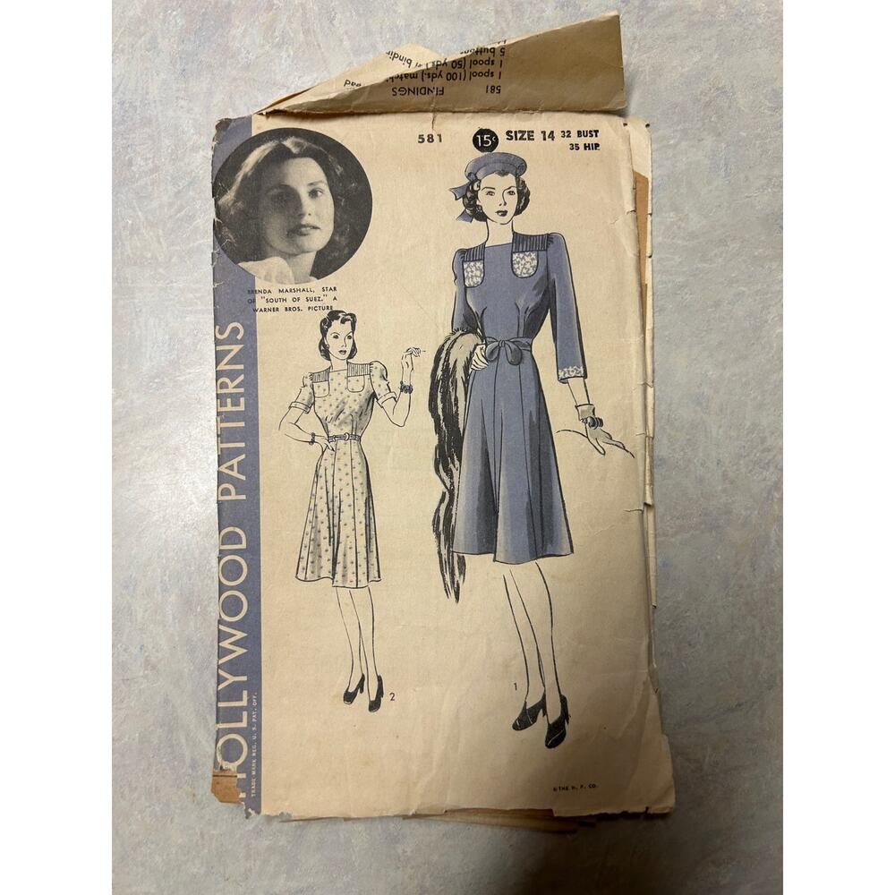 Vintage 1940s Hollywood Pattern #581 Brenda Marshall One Piece Dress Size 14 HTF